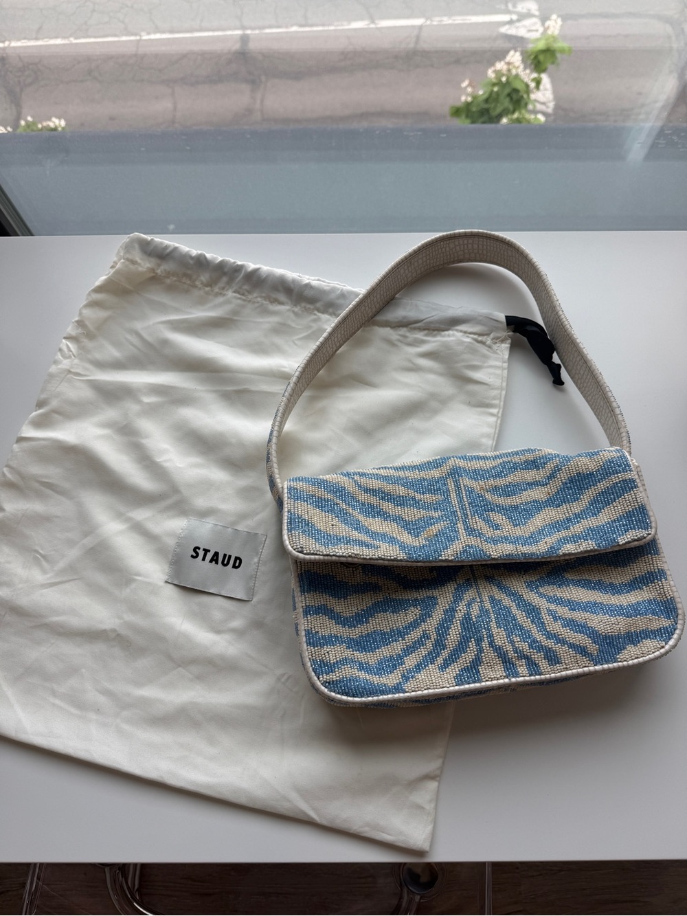 STAUD Blue and Cream Tommy Beaded Zebra-Print Shoulder Bag - Picture 4 of 7